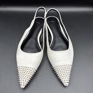 ZARA Women's Pointed Toe Studded Leather Slingback White Flats Size 40
